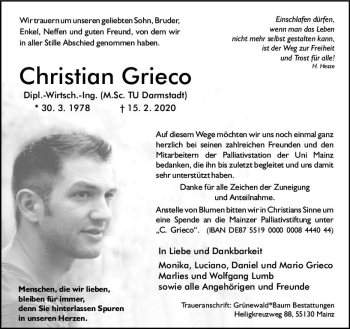Traueranzeige von Christian Grieco von vrm-trauer