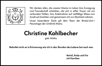 Traueranzeige von Christine Kohlbecher von vrm-trauer