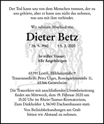 Traueranzeige von Dieter Betz von vrm-trauer