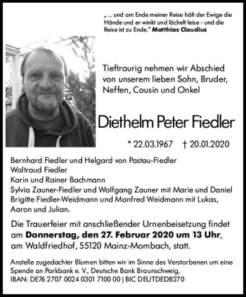 Traueranzeige von Diethelm Peter Fiedler von vrm-trauer