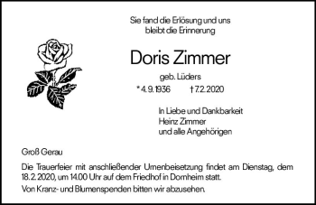 Traueranzeige von Doris Zimmer von vrm-trauer