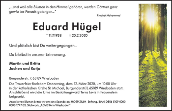 Traueranzeige von Eduard Hügel von vrm-trauer