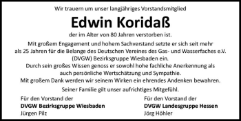 Traueranzeige von Edwin Koridaß von vrm-trauer