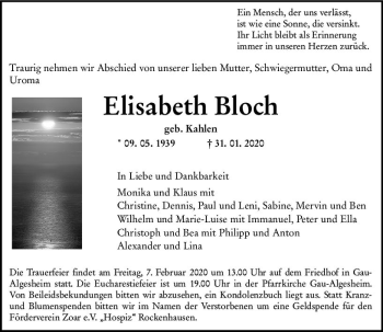 Traueranzeige von Elisabeth Bloch von vrm-trauer