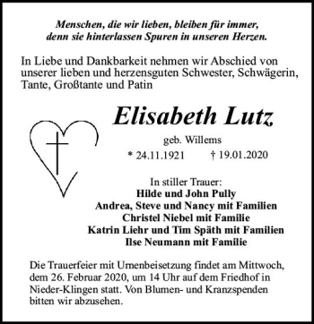 Traueranzeige von Elisabeth Lutz von vrm-trauer