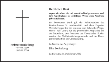 Traueranzeige von Helmut Benkelberg von vrm-trauer