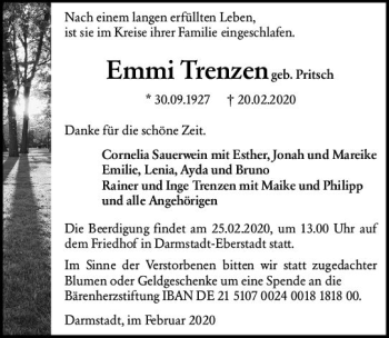 Traueranzeige von Emmi Trenzen von vrm-trauer Traueranzeige von Emmi Trenzen von vrm-trauer