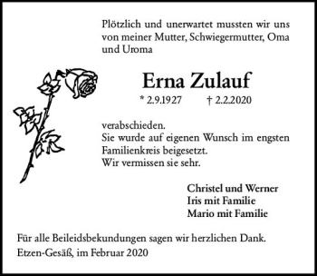Traueranzeige von Erna Zulauf von vrm-trauer