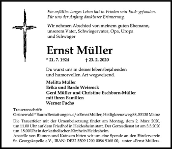 Traueranzeige von Ernst Müller von vrm-trauer