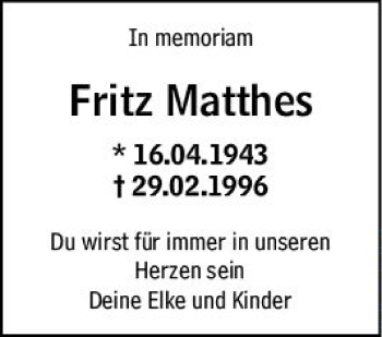 Traueranzeige von Fritz Matthes von vrm-trauer
