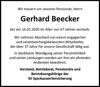 Traueranzeige von Gerhard Beecker von vrm-trauer