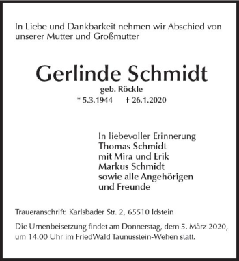 Traueranzeige von Gerlinde Schmidt von vrm-trauer