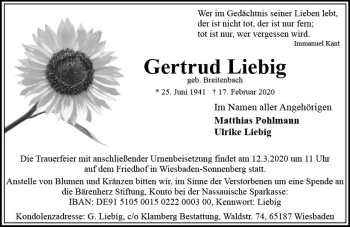 Traueranzeige von Gertrud Liebig von vrm-trauer