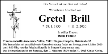 Traueranzeige von Gretel Brill von vrm-trauer
