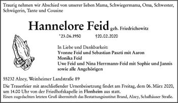Traueranzeige von Hannelore Feid von vrm-trauer