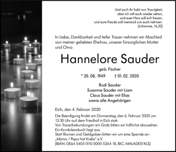 Traueranzeige von Hannelore Sauder von vrm-trauer