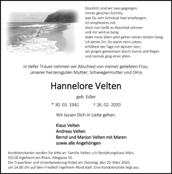 Traueranzeige von Hannelore Velten von vrm-trauer