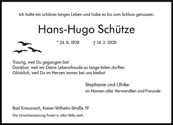 Traueranzeige von Hans-Hugo Schütze von vrm-trauer