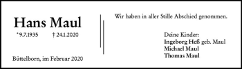 Traueranzeige von Hans Maul von vrm-trauer