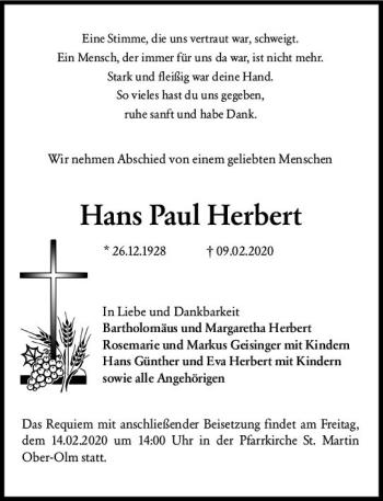 Traueranzeige von Hans Paul Herbert von vrm-trauer