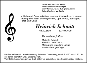 Traueranzeige von Heinrich Schmitt von vrm-trauer