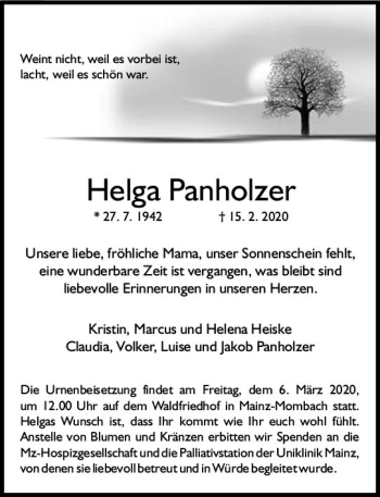 Traueranzeige von Helga Panholzer von vrm-trauer