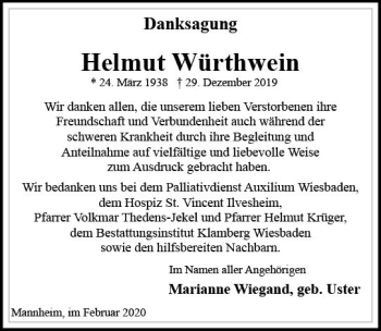 Traueranzeige von Helmut Würthwein von vrm-trauer