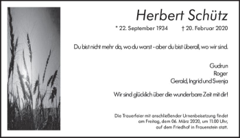 Traueranzeige von Herbert Schütz von vrm-trauer