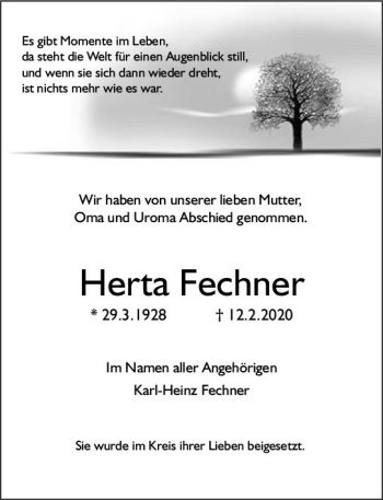 Traueranzeige von Herta Fechner von vrm-trauer