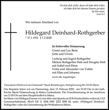 Traueranzeige von Hildegard Deinhard-Rothgerber von vrm-trauer