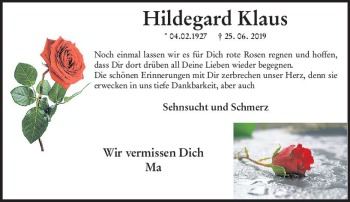 Traueranzeige von Hildegard Klaus von vrm-trauer