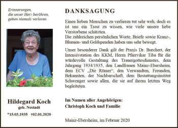 Traueranzeige von Hildegard Koch von vrm-trauer