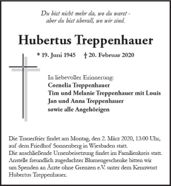 Traueranzeige von Hubertus Treppenhauer von vrm-trauer
