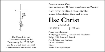 Traueranzeige von Ilse Christ von vrm-trauer