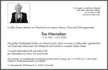 Traueranzeige von Ilse Menneken von vrm-trauer