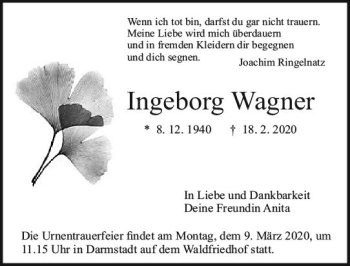 Traueranzeige von Ingeborg Wagner von vrm-trauer