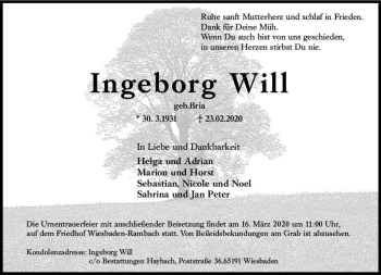Traueranzeige von Ingeborg Will von vrm-trauer