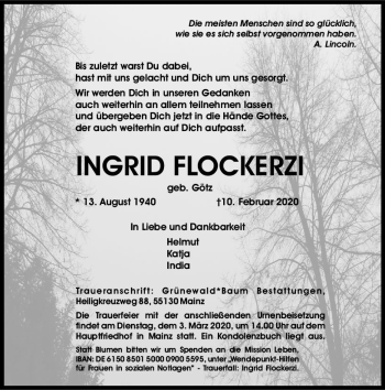Traueranzeige von Ingrid Flockerzi von vrm-trauer