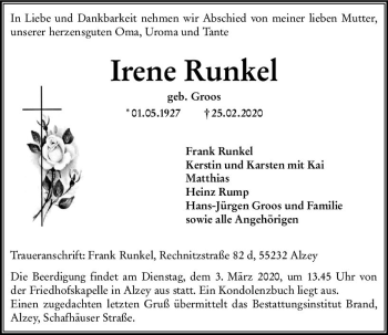 Traueranzeige von Irene Runkel von vrm-trauer
