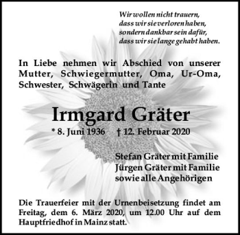 Traueranzeige von Irmgard Gräber von vrm-trauer