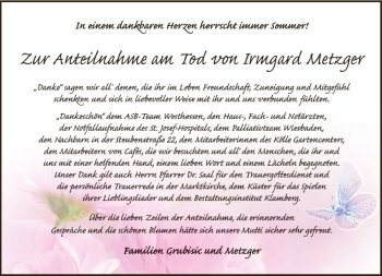 Traueranzeige von Irmgard Metzger von vrm-trauer