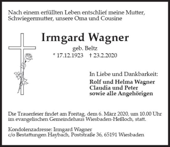 Traueranzeige von Irmgard Wagner von vrm-trauer