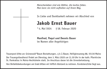 Traueranzeige von Jakob Ernst Bauer von vrm-trauer