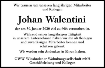 Traueranzeige von Johan Walentini von vrm-trauer