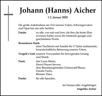 Traueranzeige von Johann Aicher von vrm-trauer