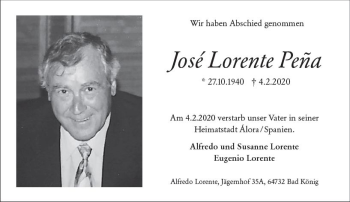 Traueranzeige von Jose Lorente Pena von vrm-trauer