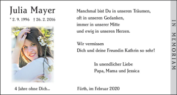Traueranzeige von Julia Mayer von vrm-trauer