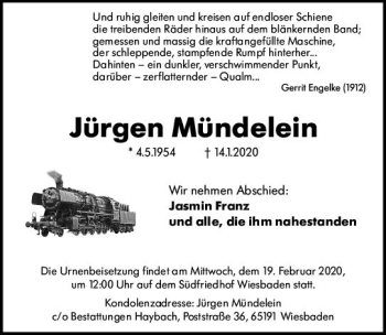 Traueranzeige von Jürgen Mündelein von vrm-trauer