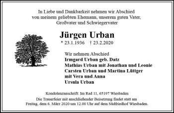 Traueranzeige von Jürgen Urban von vrm-trauer