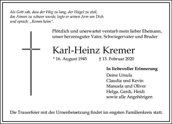 Traueranzeige von Karl-Heinz Kremer von vrm-trauer